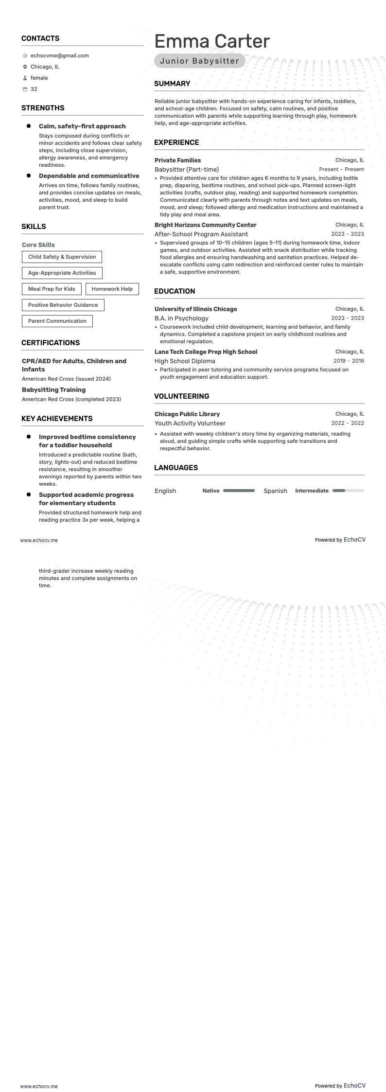 Junior-Babysitter resume example