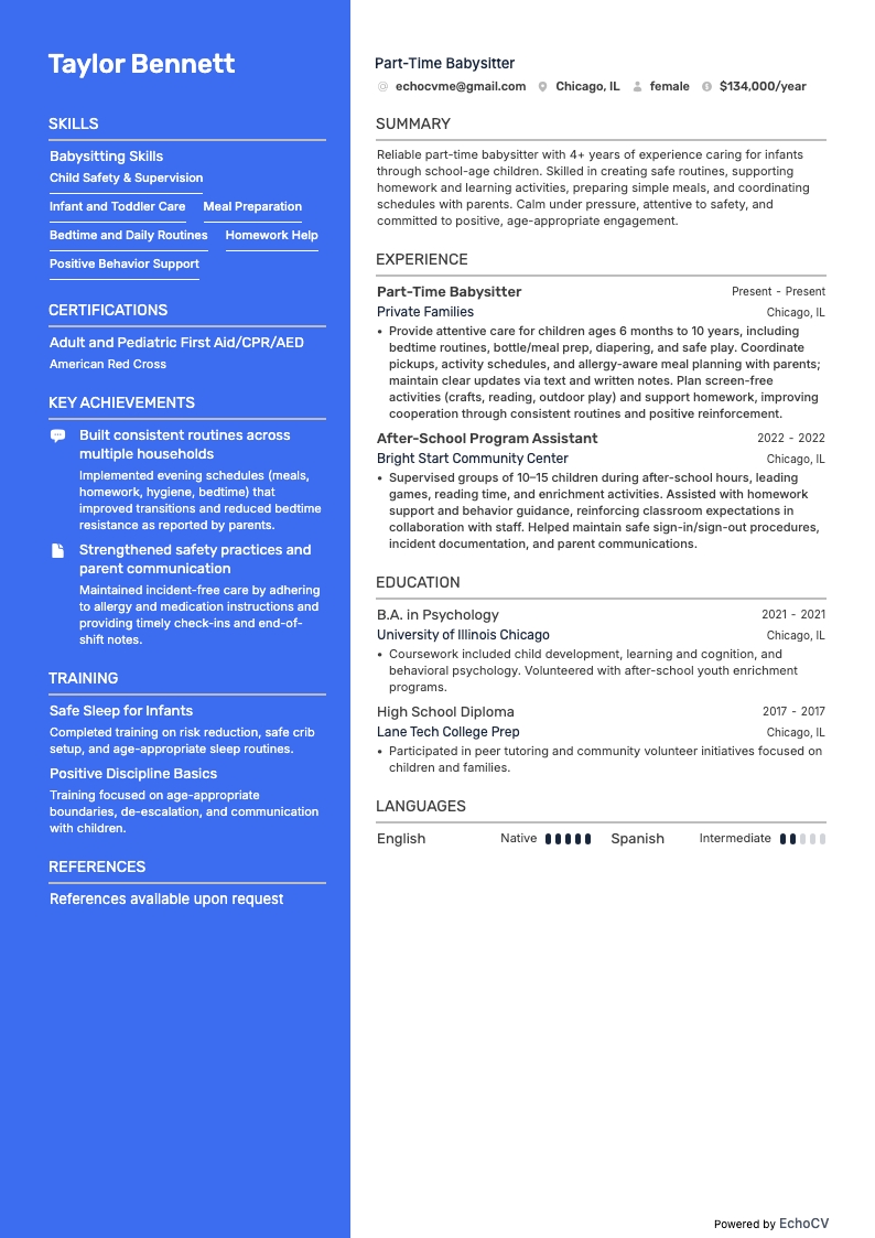 Part-Time Babysitter example resume