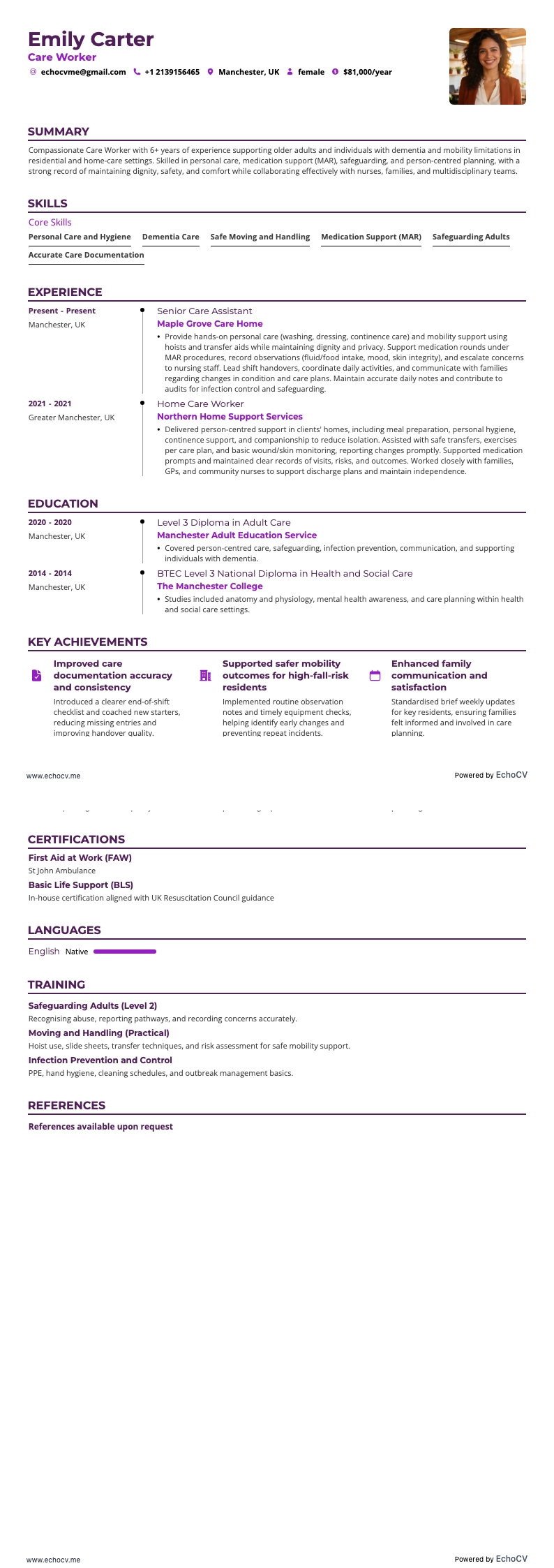 Care Worker example resume
