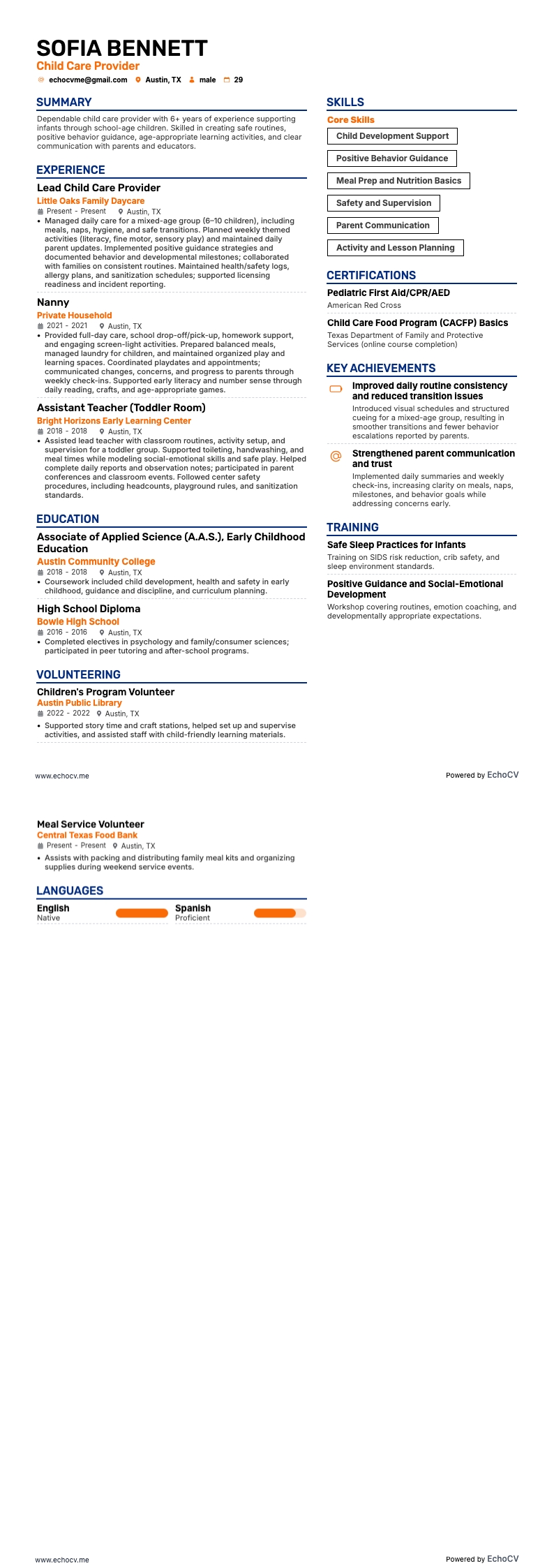 Child Care example resume