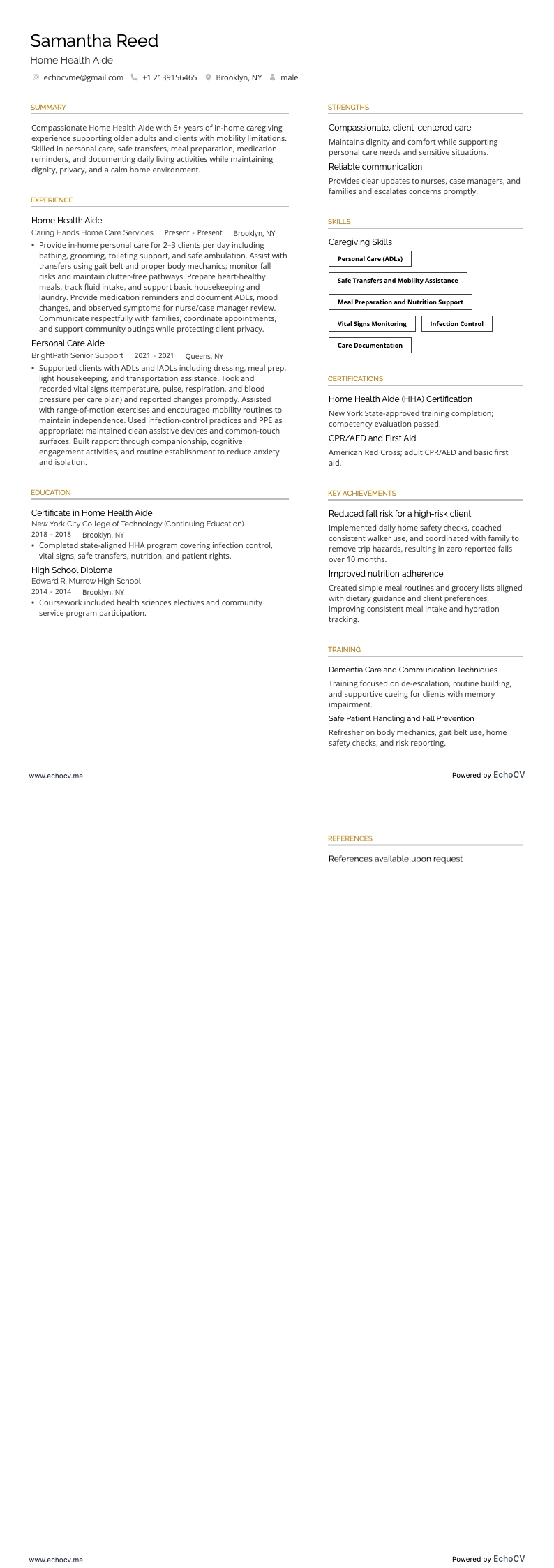 Home Health Aide example resume
