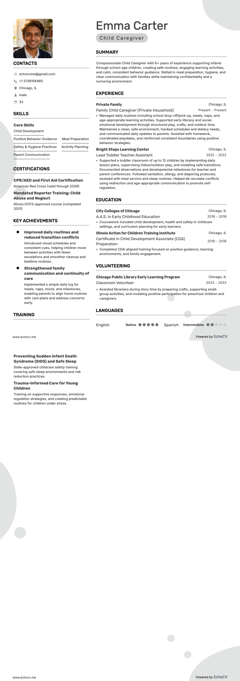 Child Caregiver example resume
