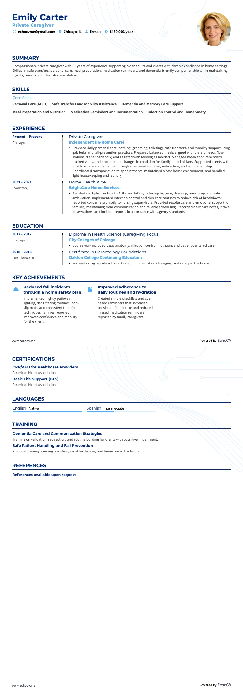 Private Caregiver example resume