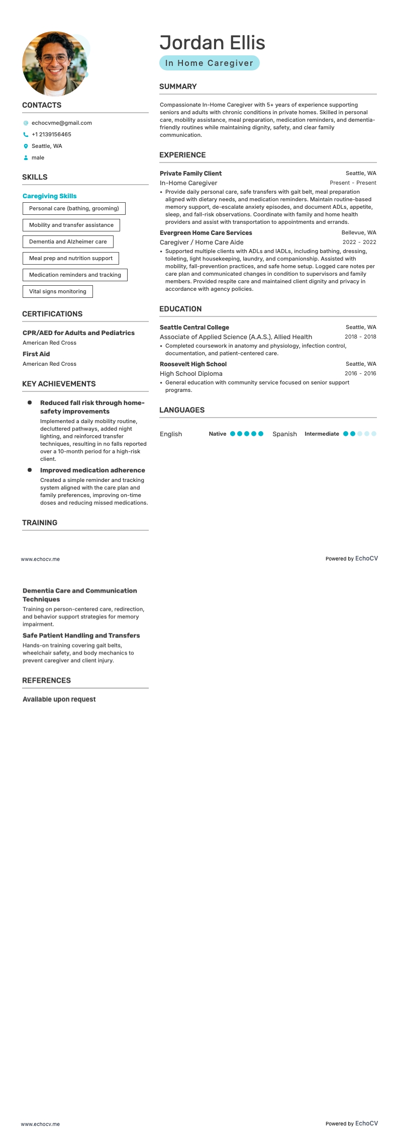 In Home Caregiver example resume