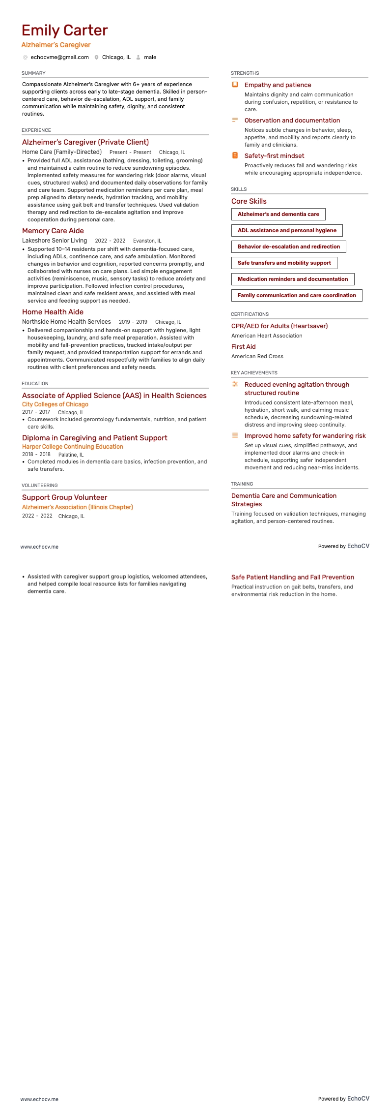 Alzheimer’S Caregiver example resume