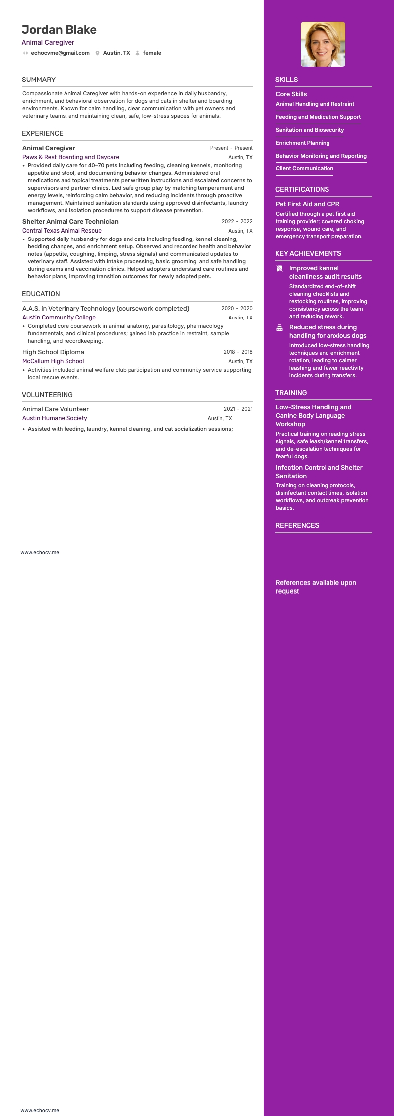 Animal Caregiver example resume