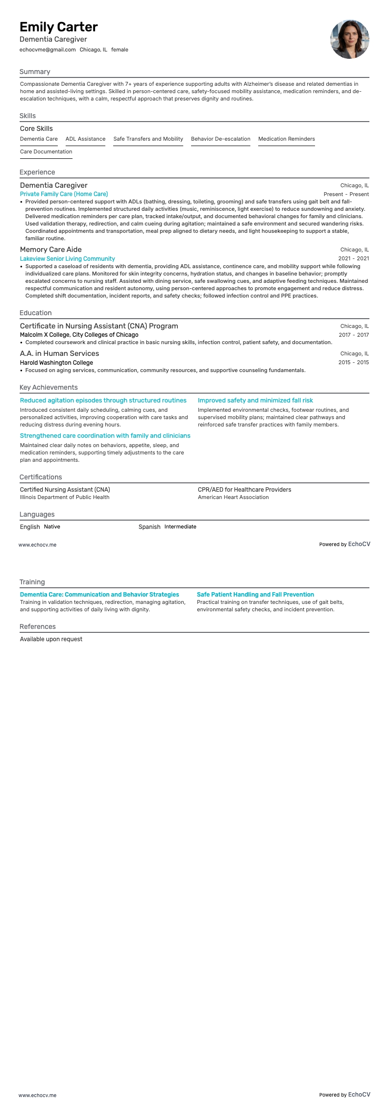 Dementia Caregiver example resume