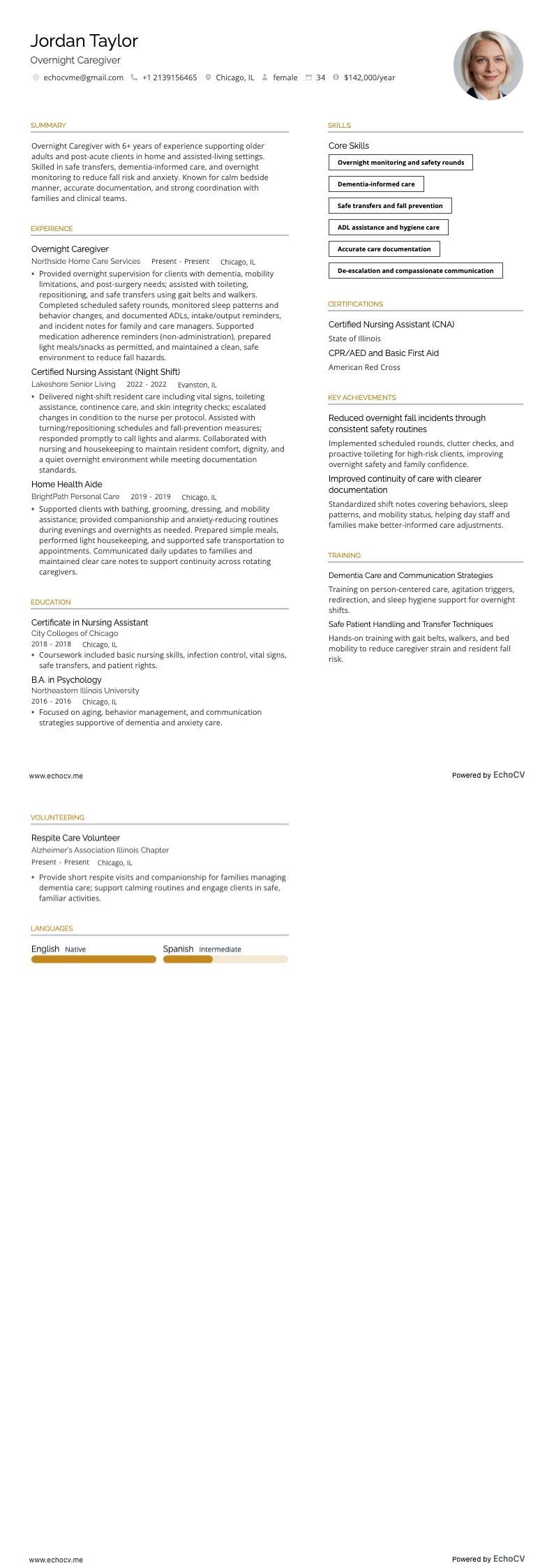 Overnight Caregiver example resume