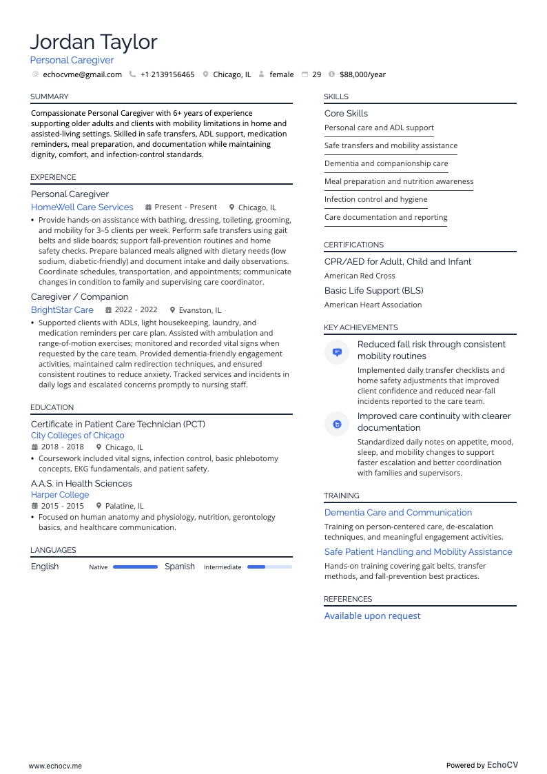 Personal Caregiver example resume