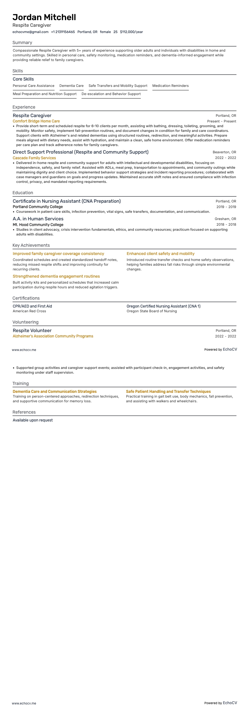 Respite Caregiver example resume