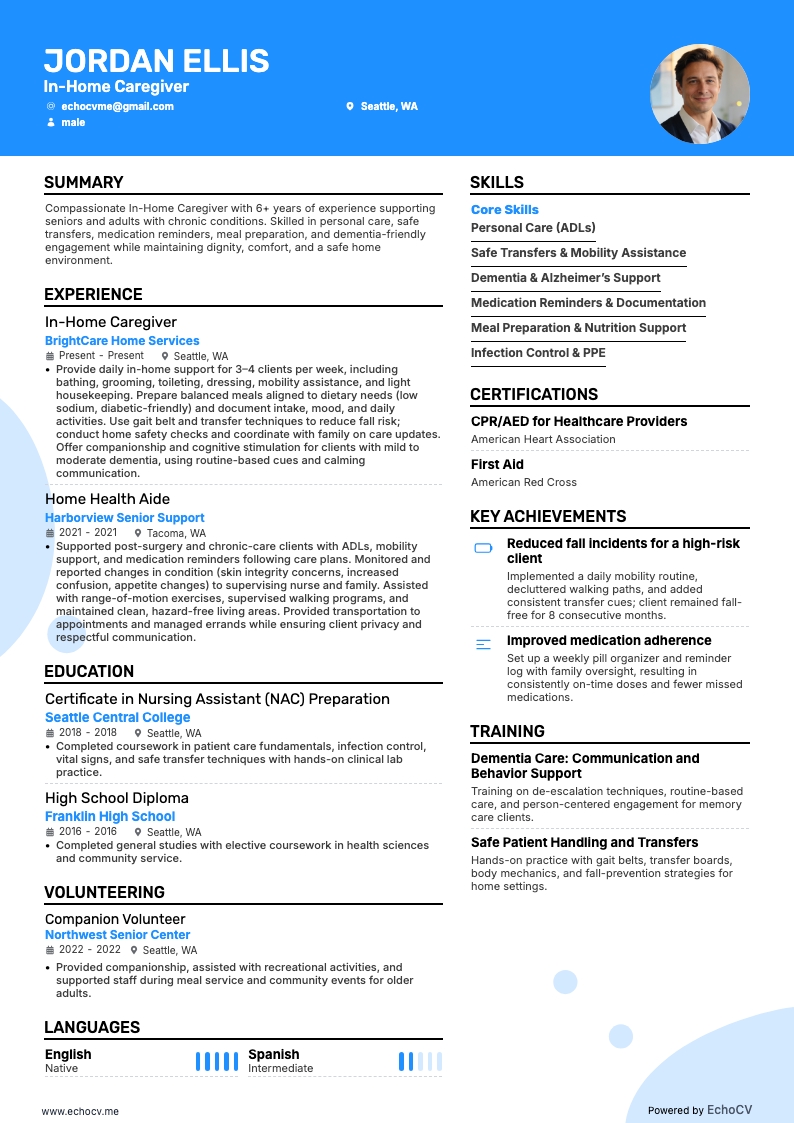 In-Home Caregiver example resume