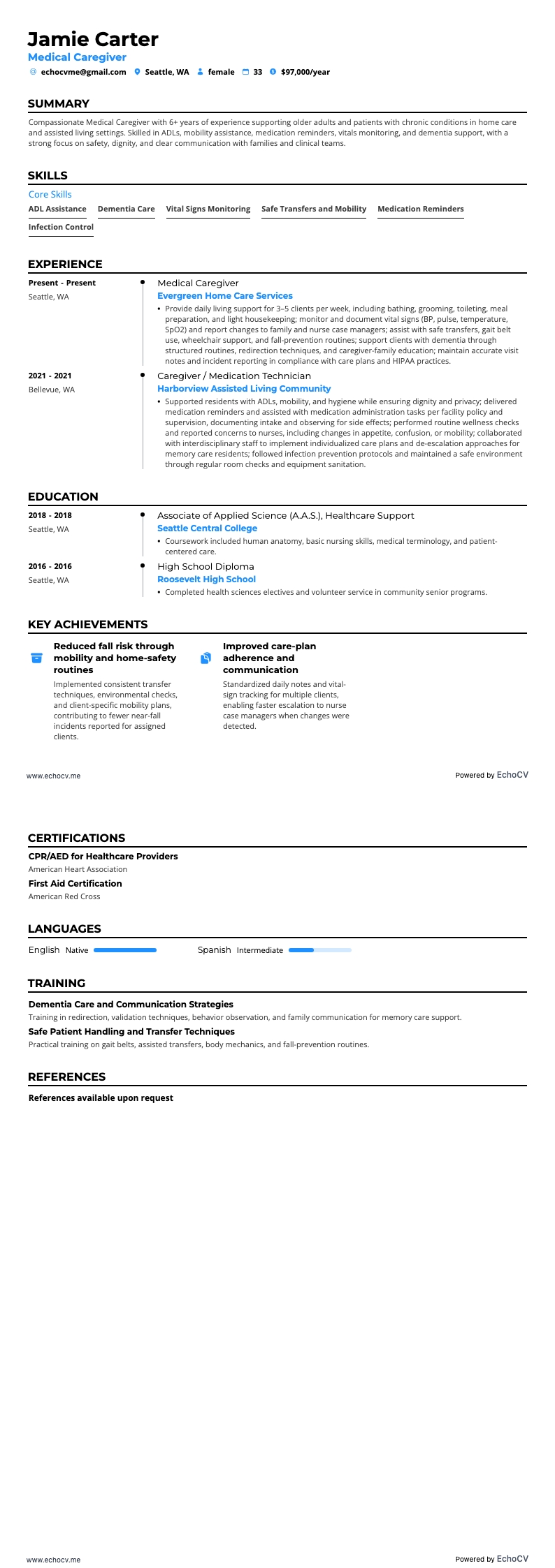 Medical Caregiver example resume