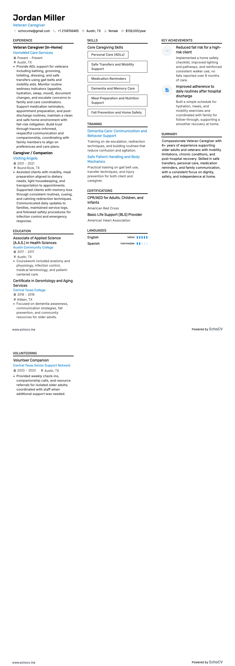 Veteran Caregiver example resume