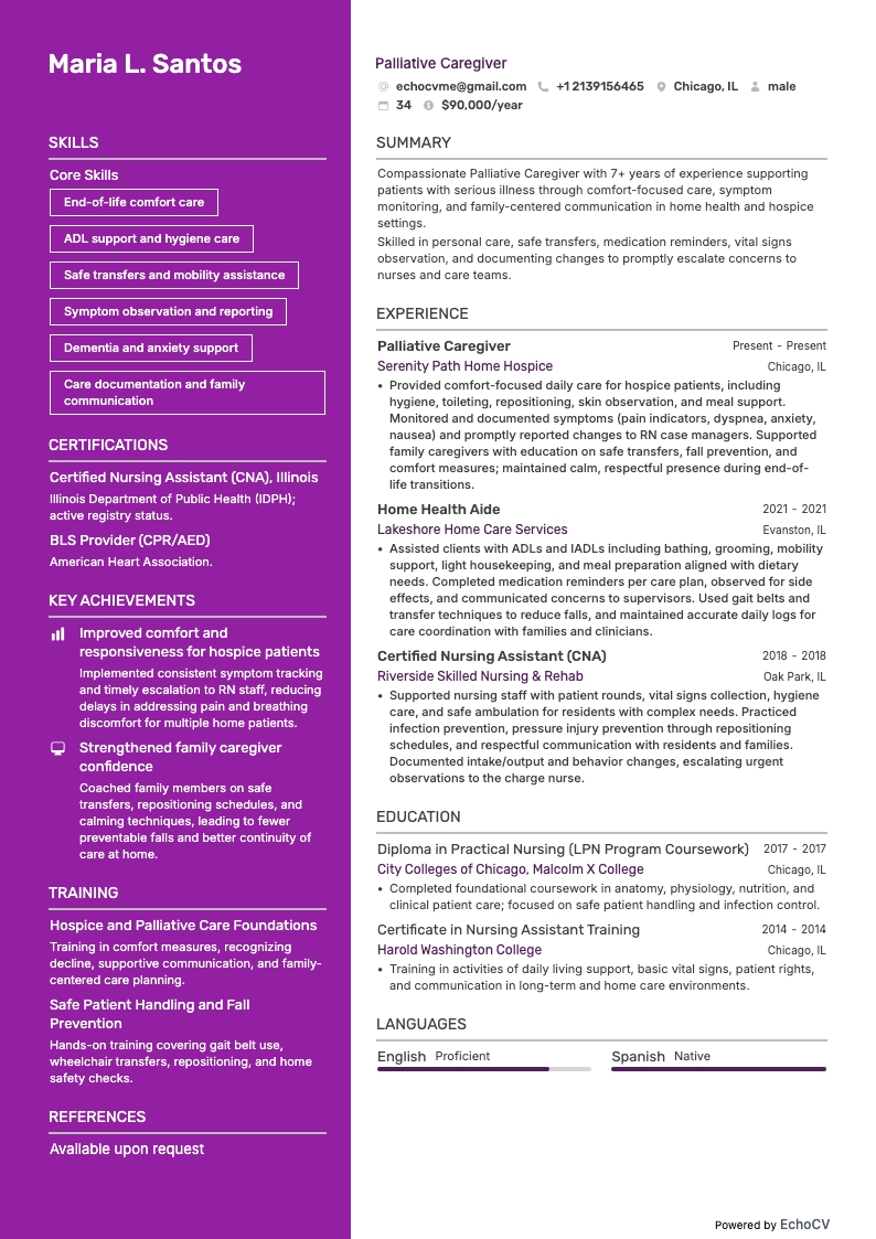 Palliative Caregiver example resume