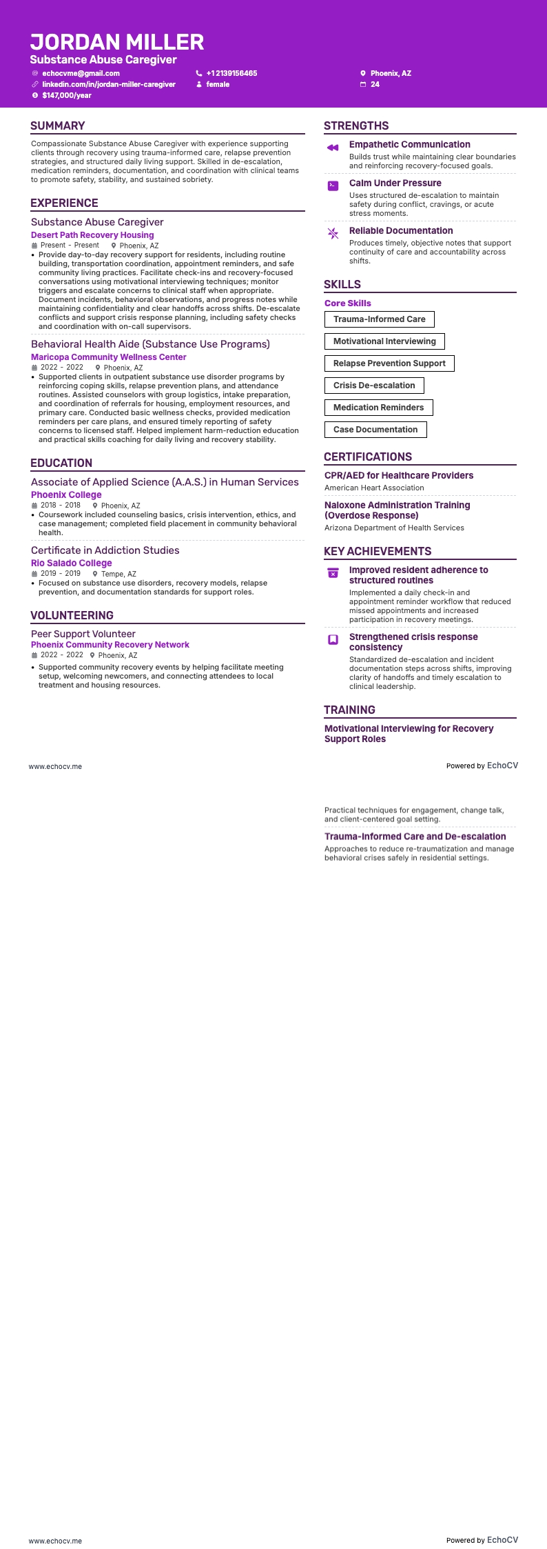 Substance Abuse Caregiver example resume