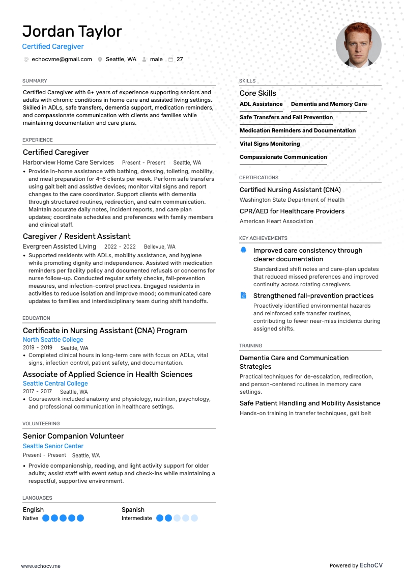 Certified Caregiver example resume