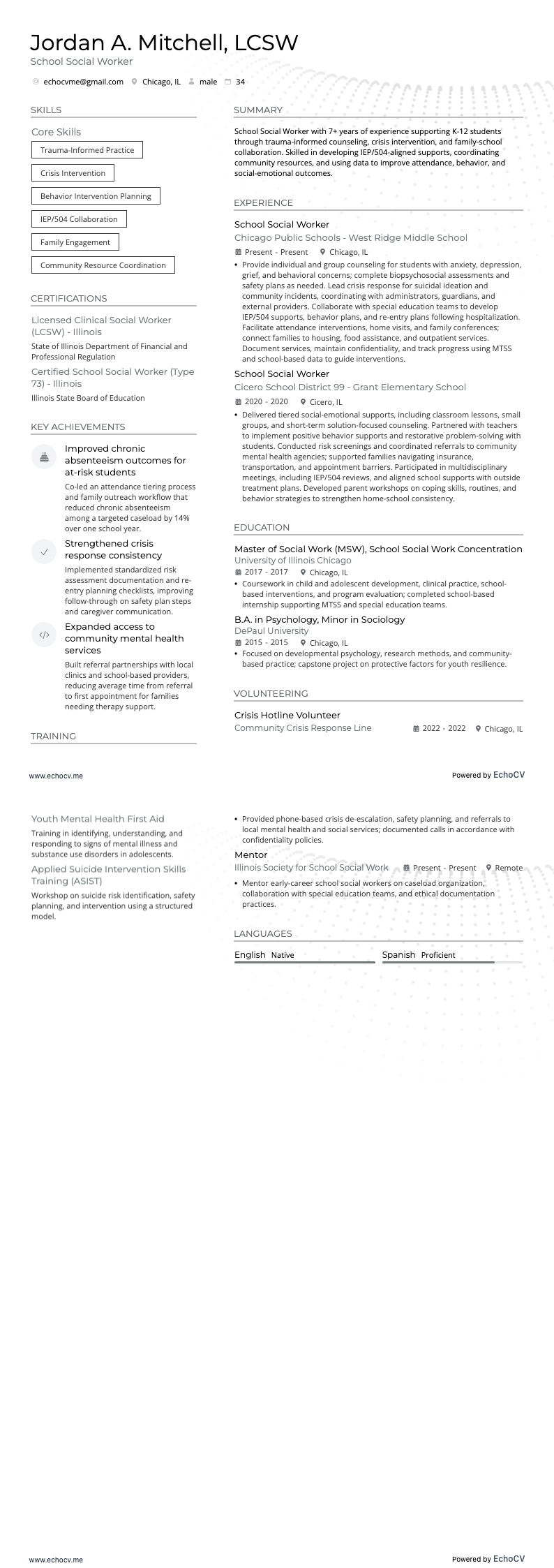 School Social Worker example resume
