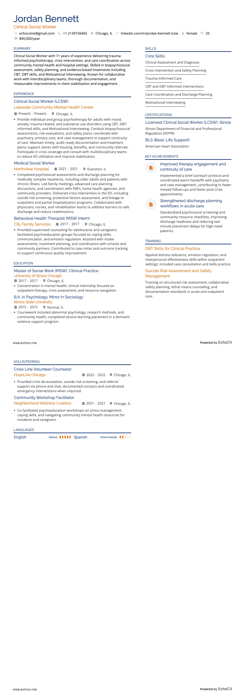 Clinical Social Worker example resume