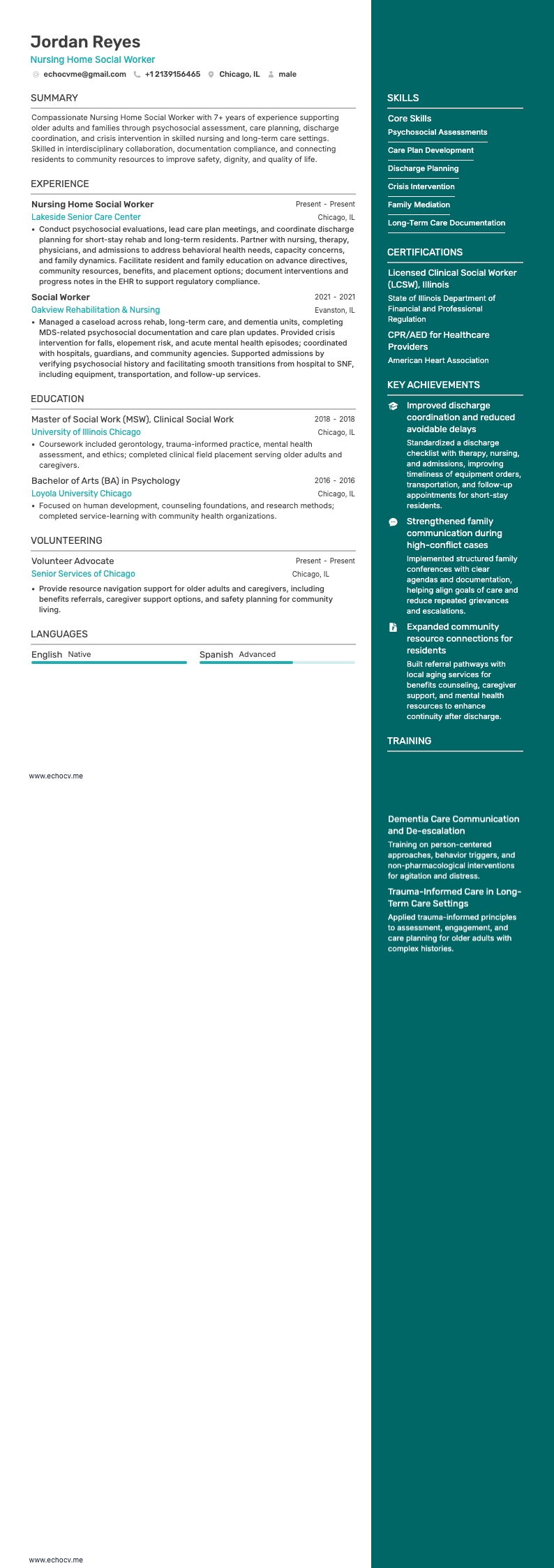 Nursing Home Social Worker example resume