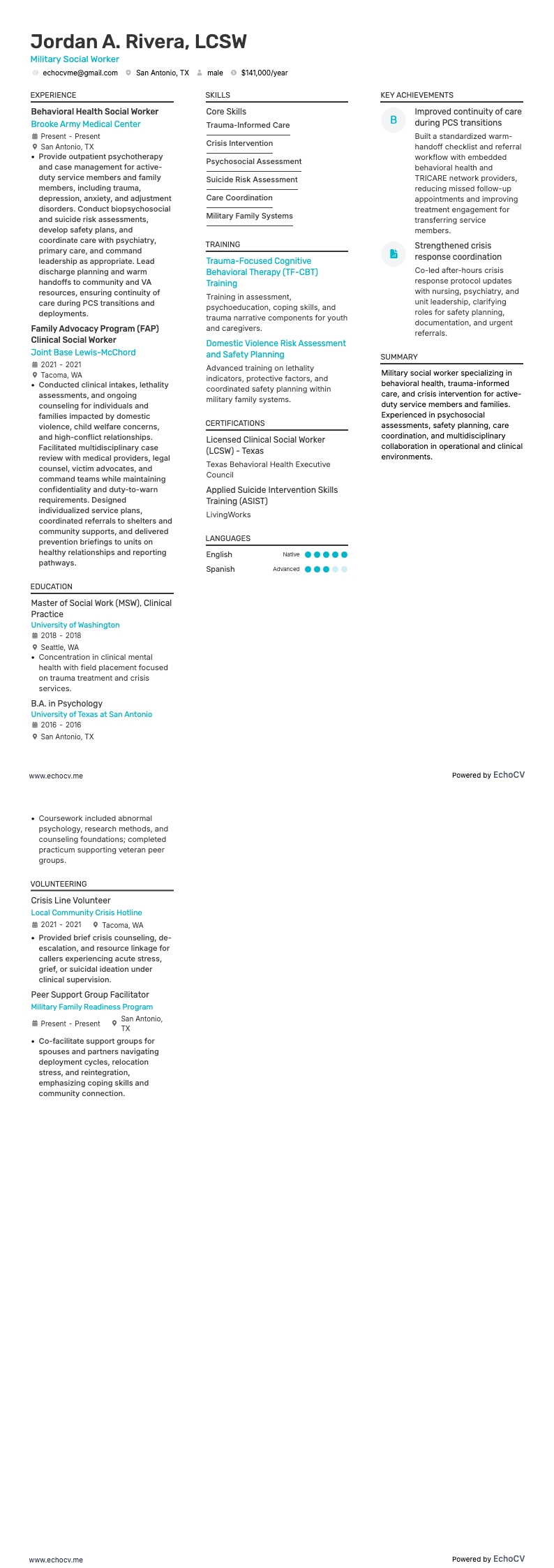 Military Social Worker example resume