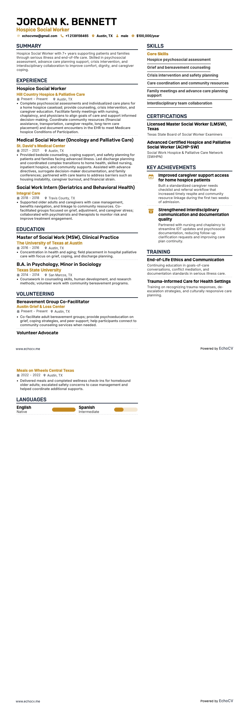 Hospice Social Worker example resume