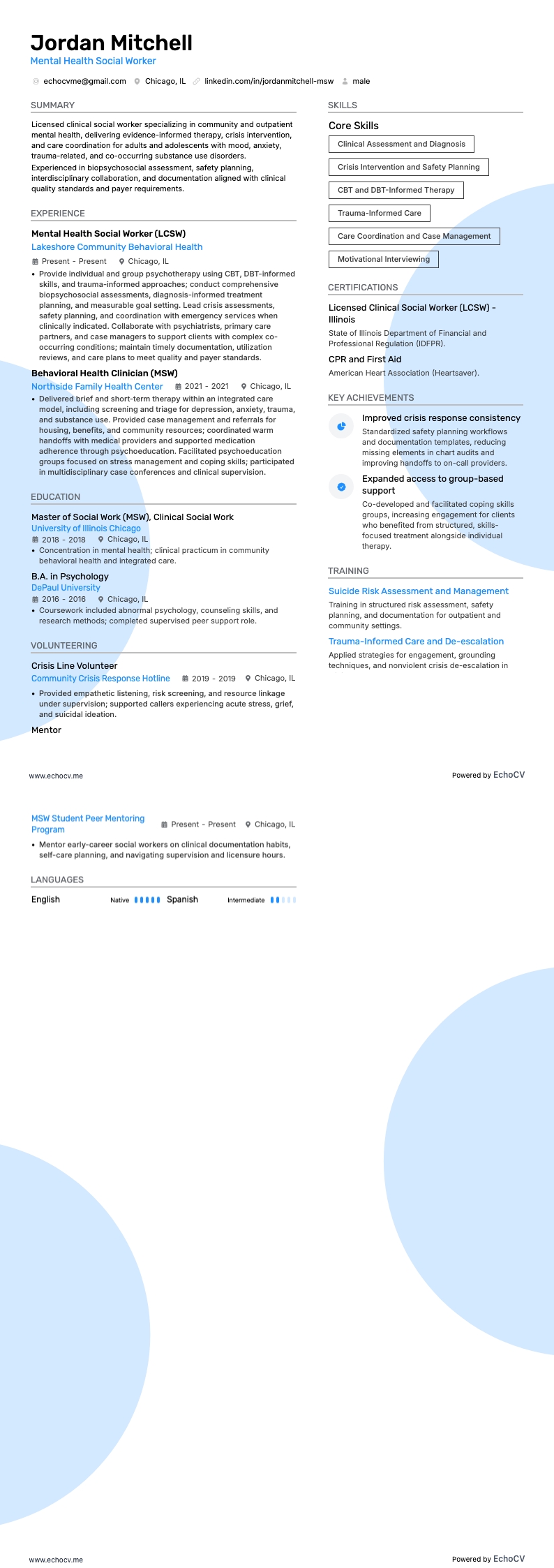 Mental Health Social Worker example resume