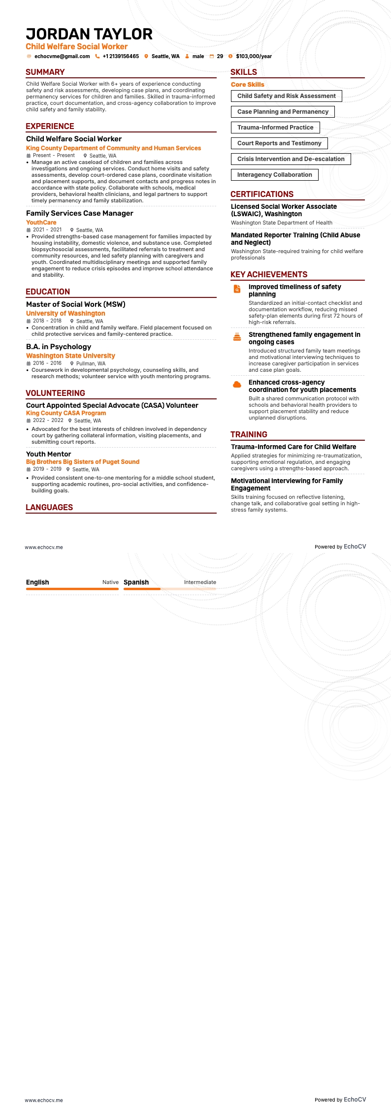 Child Welfare Social Worker example resume