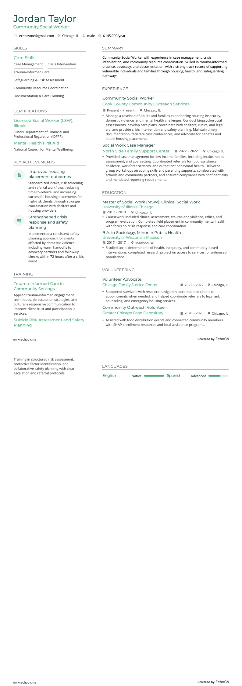 Community Social Worker example resume