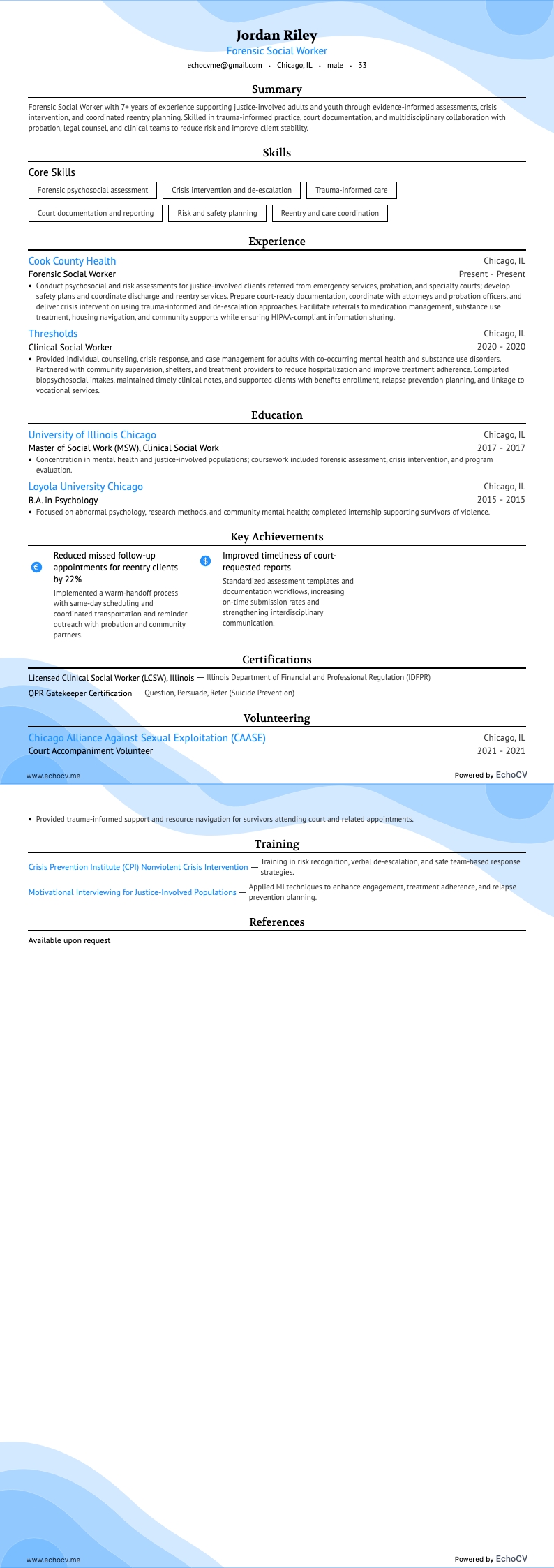 Forensic Social Worker example resume