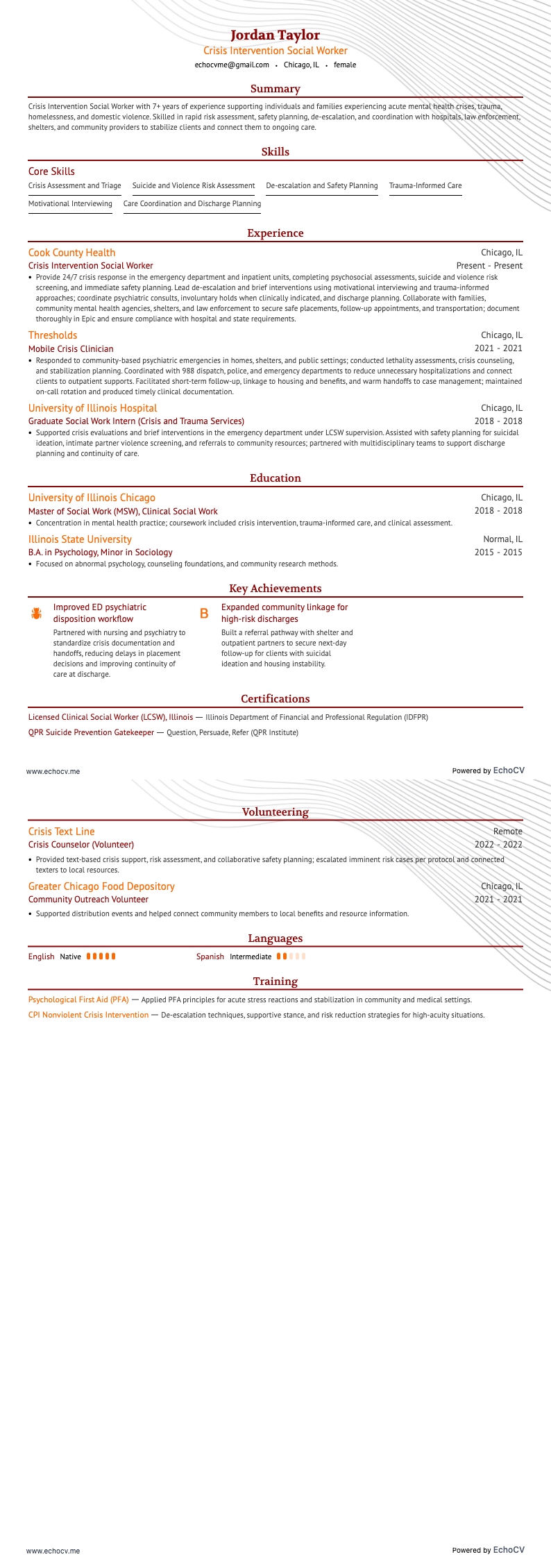 Crisis Intervention Social Worker example resume