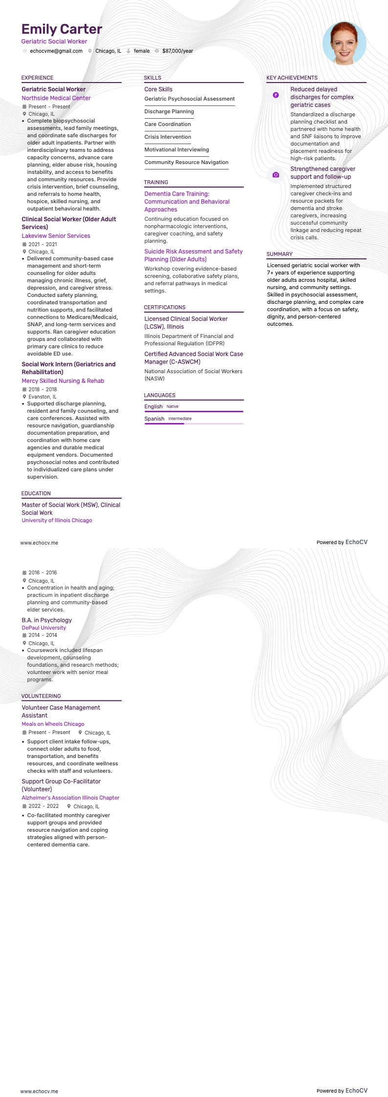 Geriatric Social Worker example resume