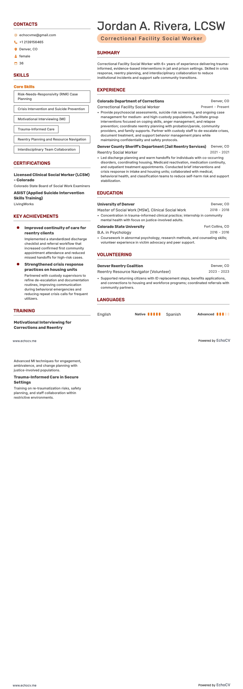 Correctional Facility Social Worker example resume
