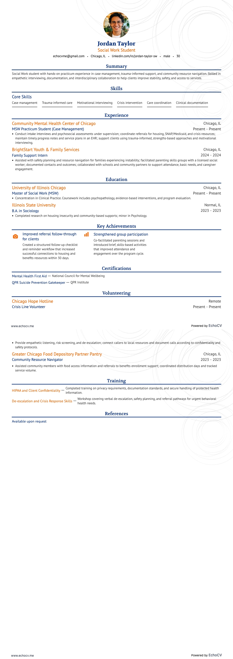 Social Work Student example resume