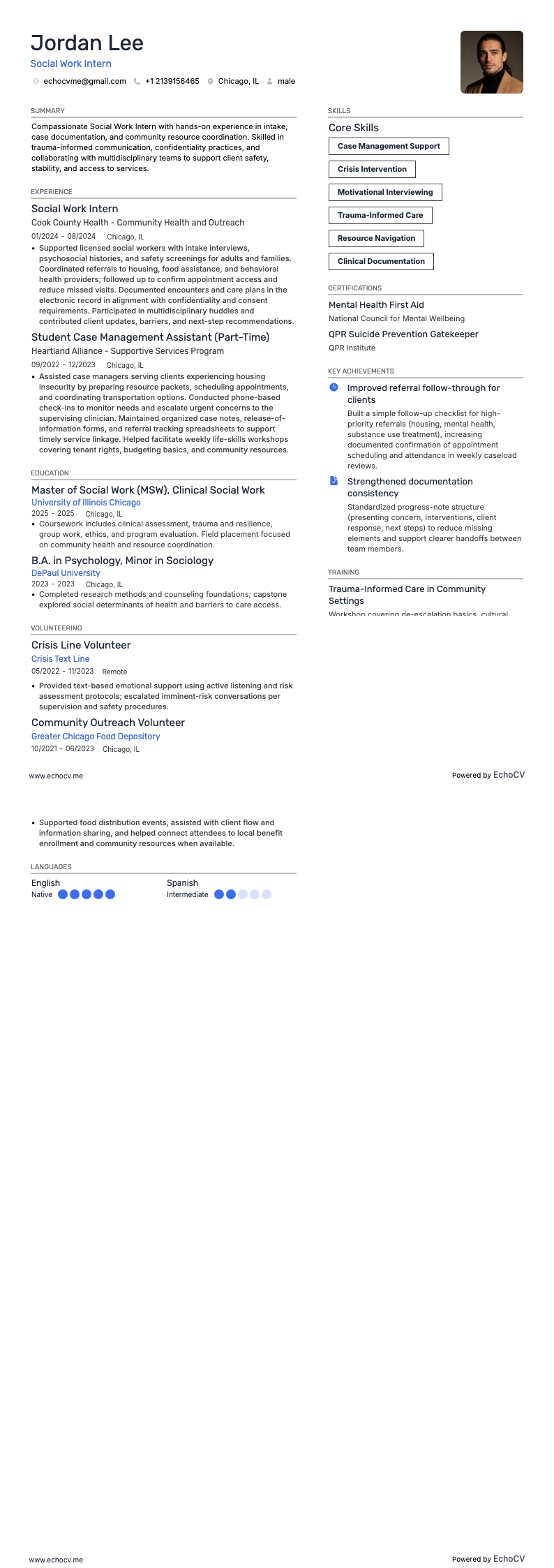 Social Work Intern example resume