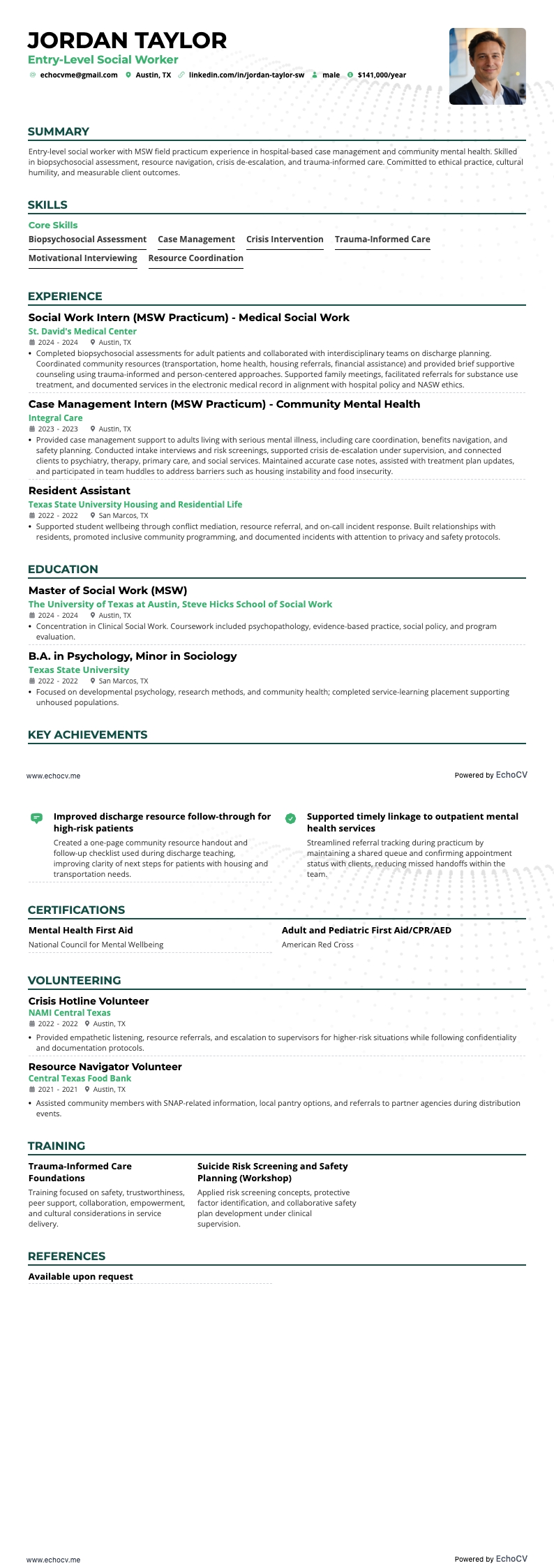 Entry-Level Social Worker example resume