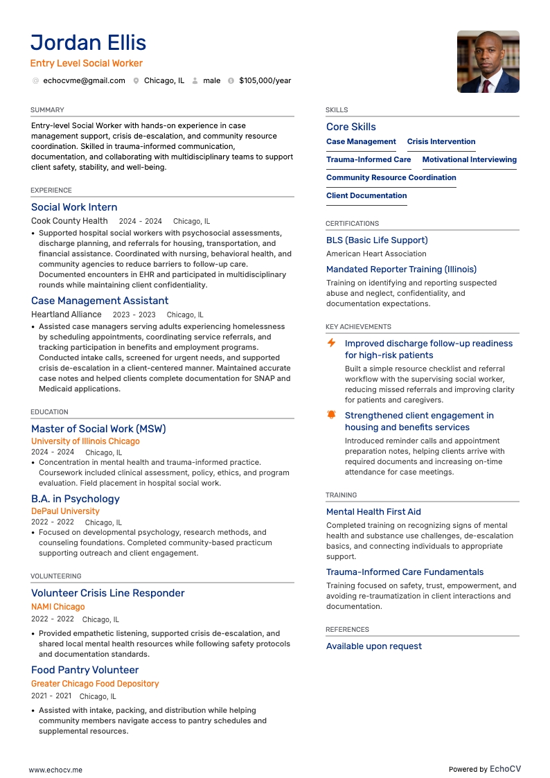 Entry Level Social Worker example resume