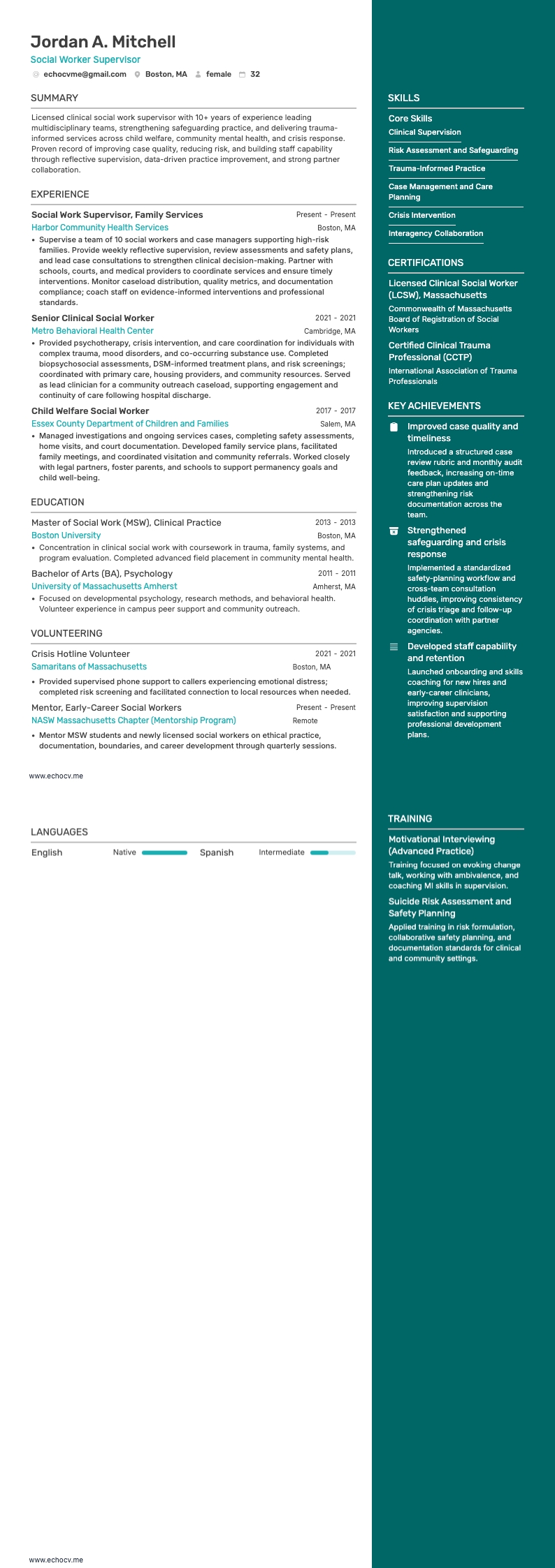 Social Worker Supervisor example resume