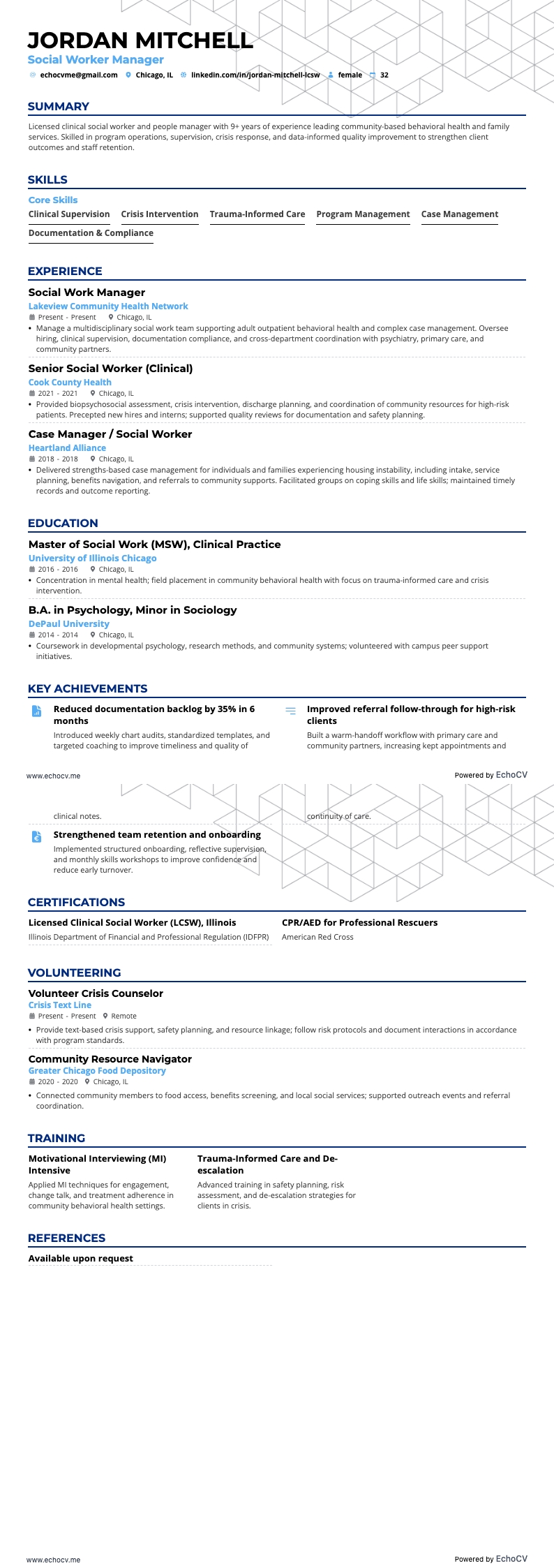 Social Worker Manager example resume