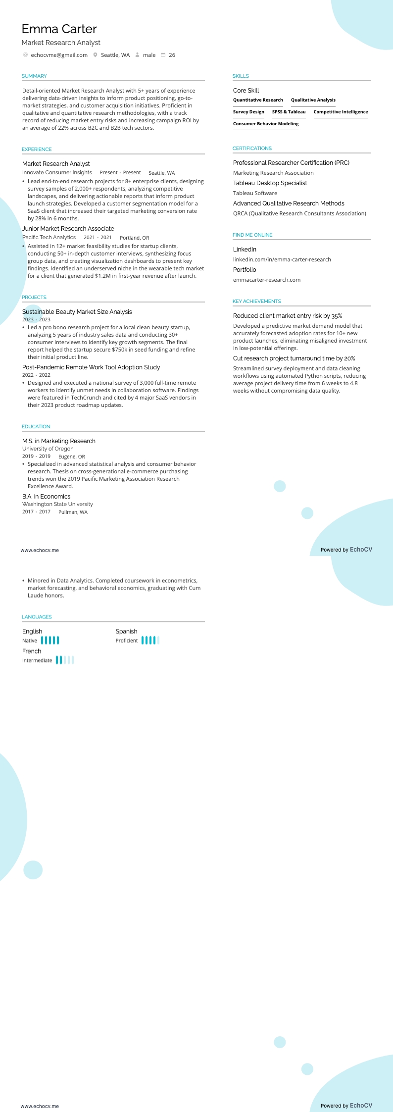 Market Research Analyst example resume