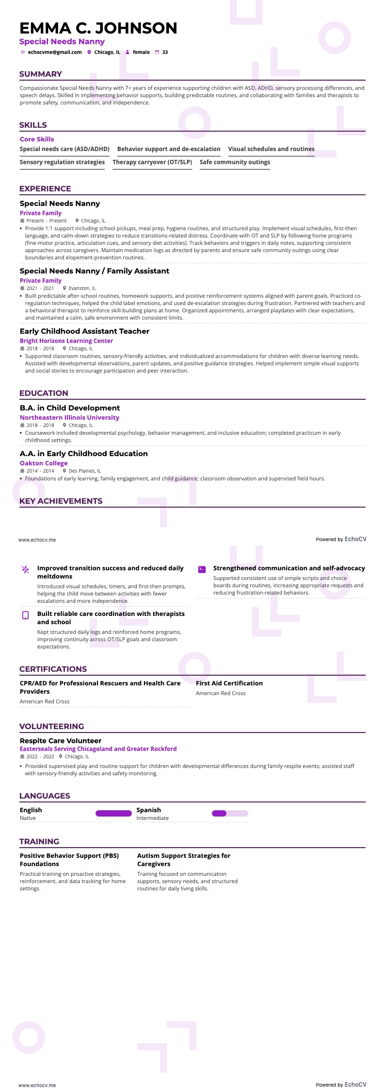 Bảo mẫu cho trẻ có nhu cầu đặc biệt example resume