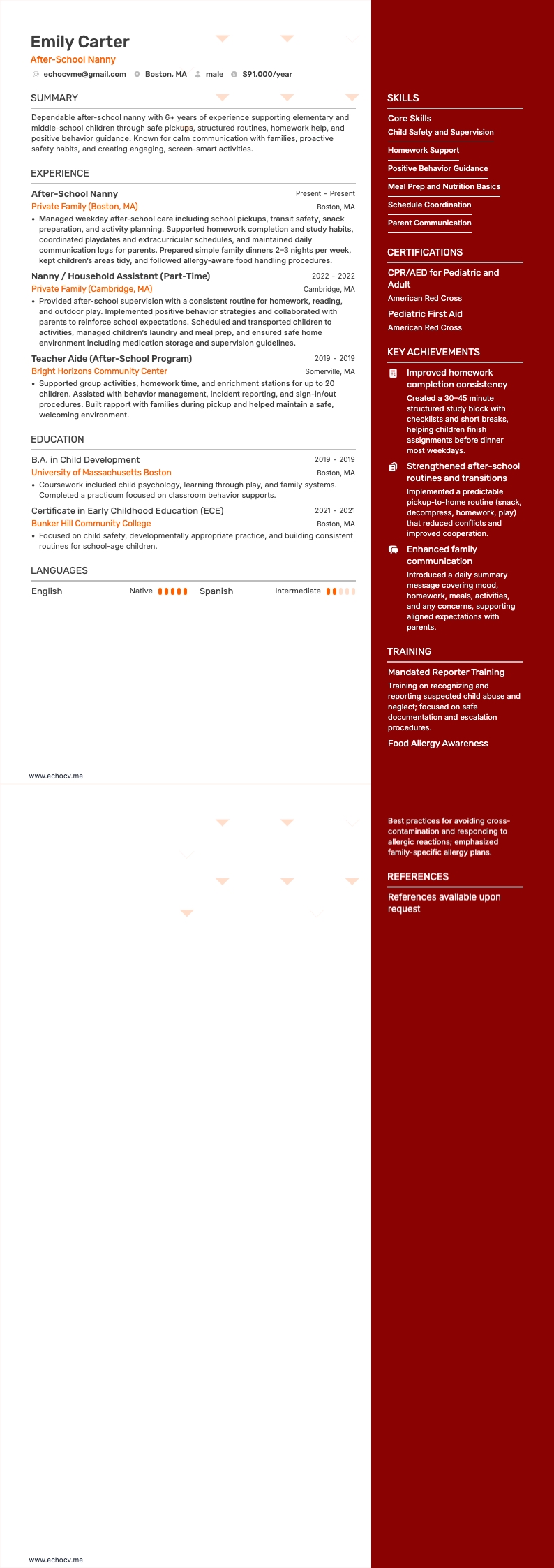 Bảo mẫu sau giờ học example resume