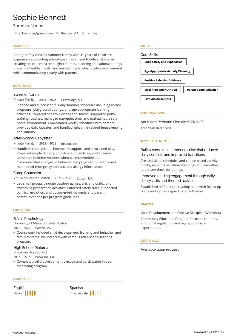 Bảo mẫu mùa hè example resume