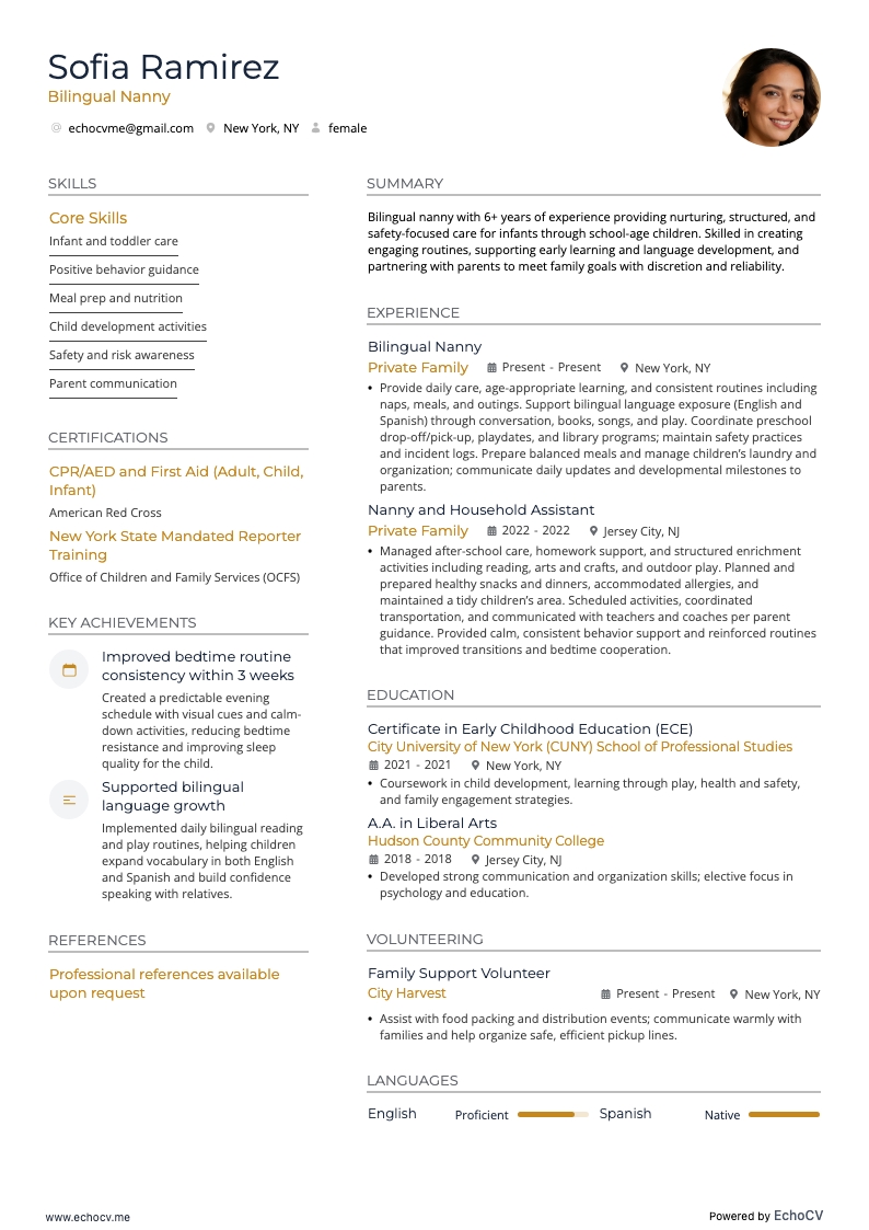 Bảo mẫu song ngữ example resume