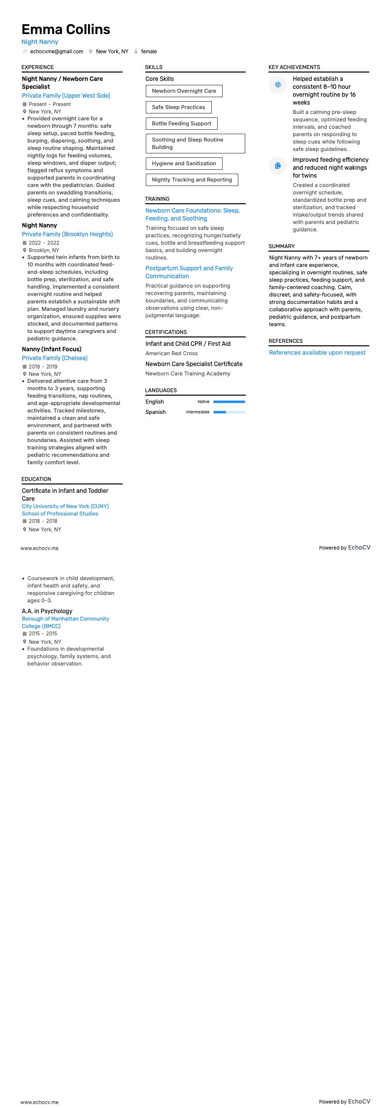 Bảo mẫu ca đêm example resume