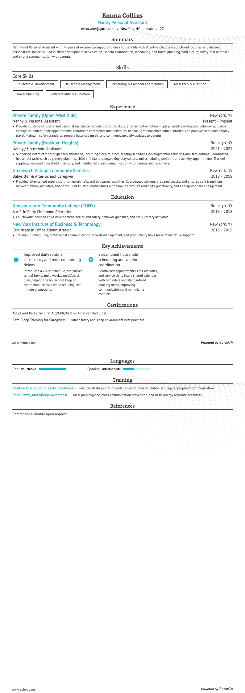 Bảo mẫu kiêm trợ lý cá nhân example resume