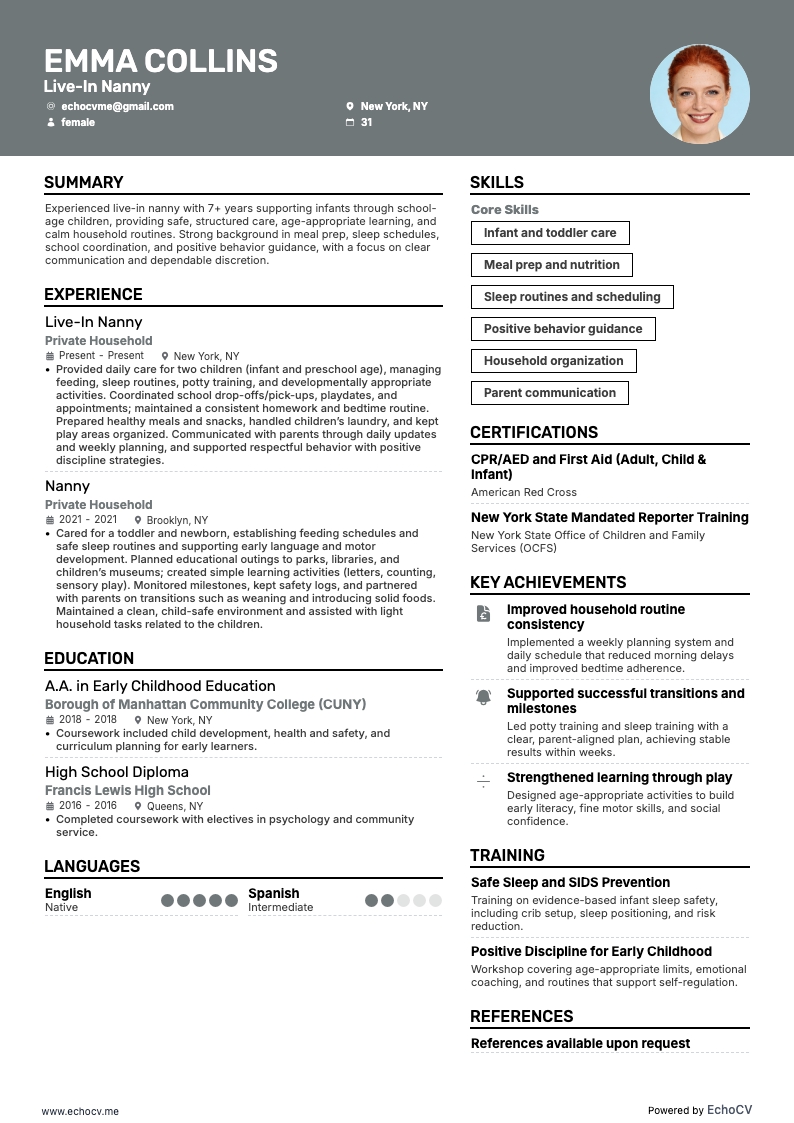 Bảo mẫu ở cùng nhà example resume