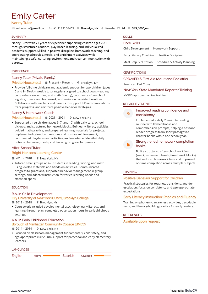 Bảo mẫu gia sư example resume