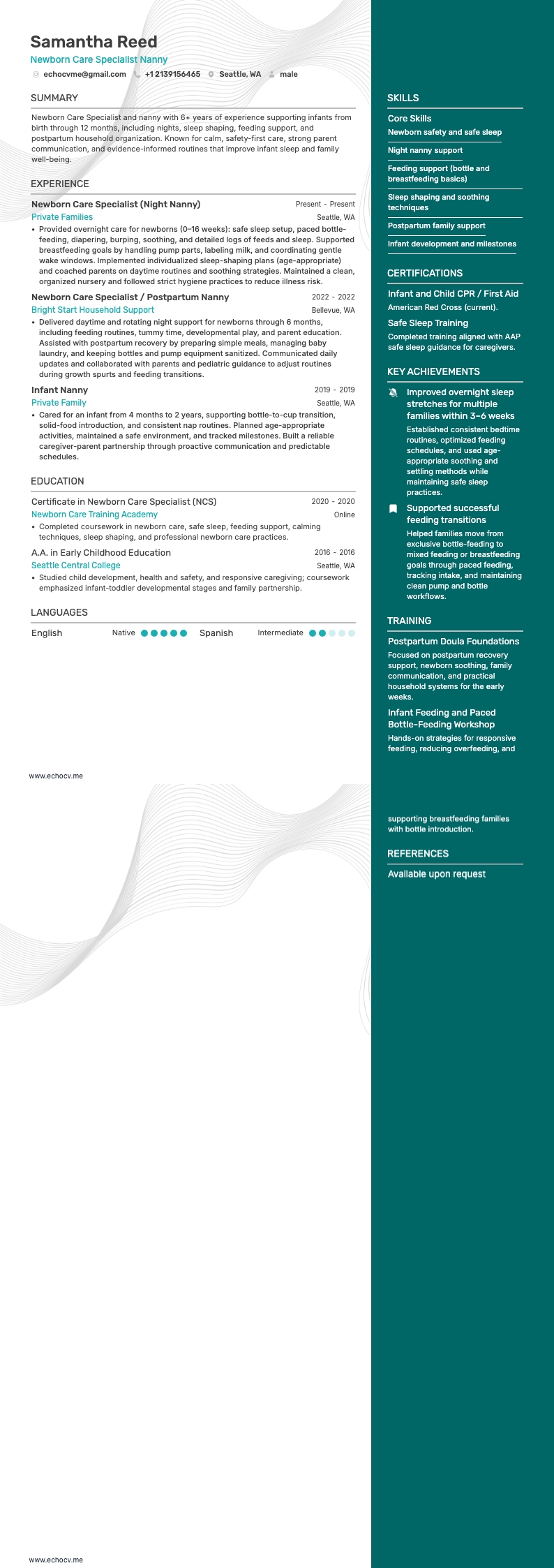 Bảo mẫu chuyên chăm sóc trẻ sơ sinh example resume