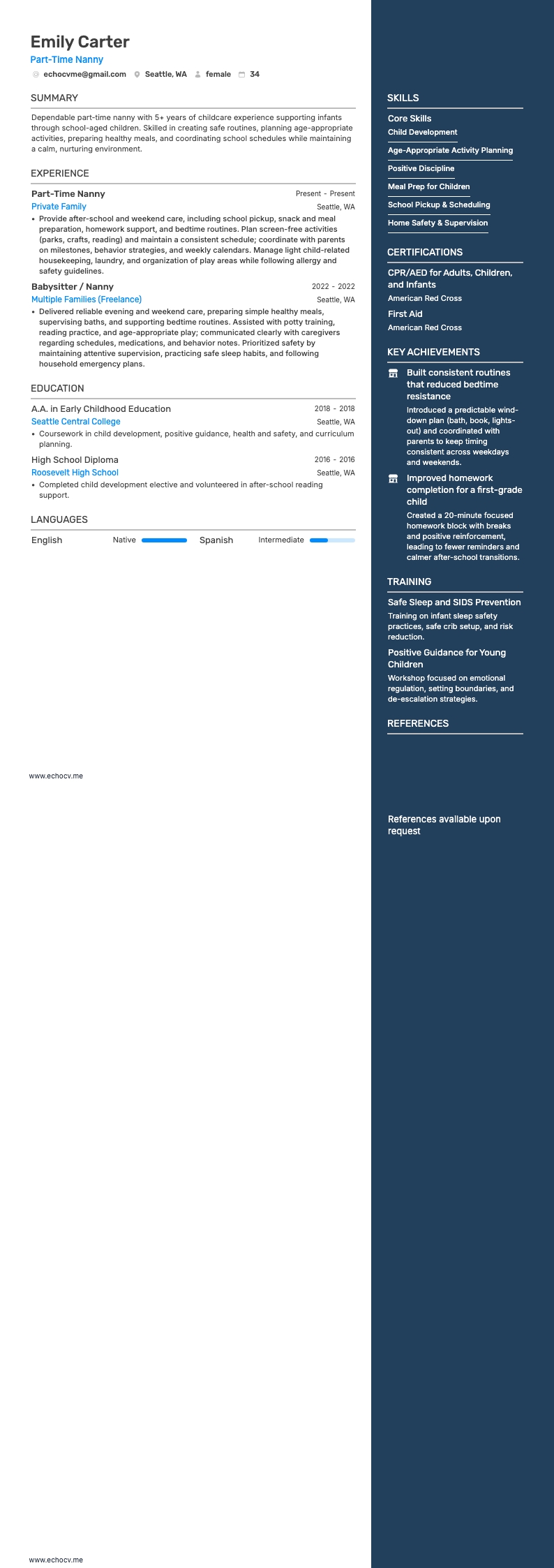 Bảo mẫu bán thời gian example resume