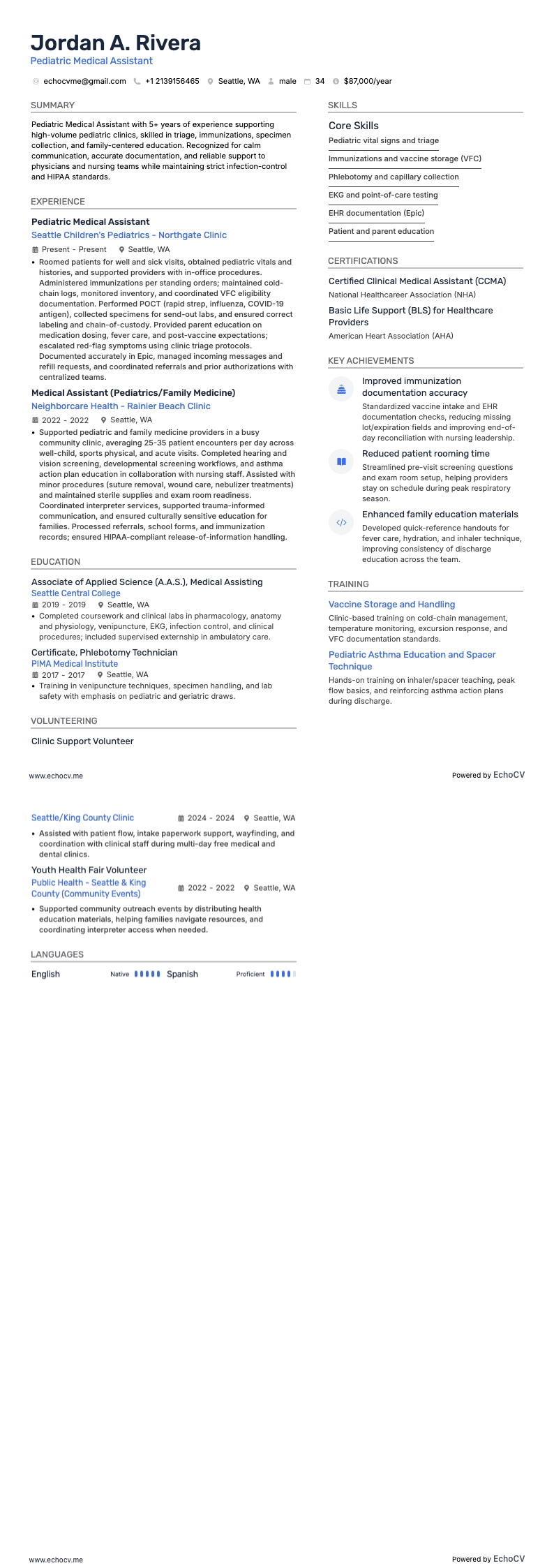 Pediatric Medical Assistant example resume